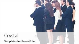  Presentation with business profile - Audience pleasing slide deck consisting of long lines people waiting - profile of a business team backdrop and a  colored foreground