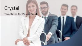  Presentation with interview - Amazing PPT layouts having long lines people waiting - young professionals are sitting backdrop and a light gray colored foreground