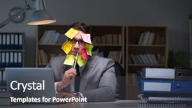  Presentation with late - Colorful PPT theme enhanced with long list - businessman staying late to sort backdrop and a  colored foreground