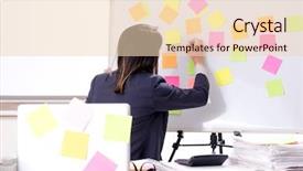  Presentation with employee - Presentation design having long list - young female employee in conflicting background and a  colored foreground
