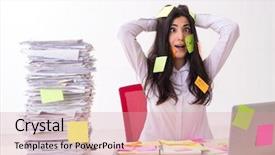  Presentation with employee - Presentation design having long list - young female employee in conflicting background and a  colored foreground