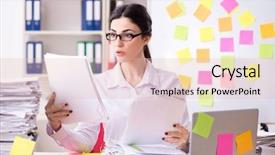  Presentation with employee profile company concept - Audience pleasing PPT theme consisting of long list - young female employee in conflicting backdrop and a  colored foreground