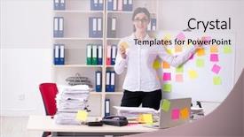  Presentation with employee profile company concept - Slide set having long list - young female employee in conflicting background and a  colored foreground