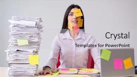  Presentation with employee - Presentation design enhanced with long list - young female employee in conflicting background and a light gray colored foreground