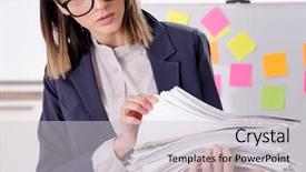  Presentation with employee - Presentation theme enhanced with long list - young female employee in conflicting background and a light gray colored foreground