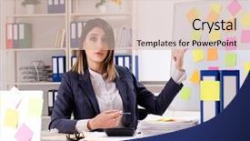  Presentation with employee - Audience pleasing presentation theme consisting of long list - young female employee in conflicting backdrop and a  colored foreground