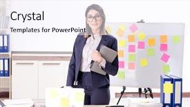  Presentation with employee - Colorful slide set enhanced with long list - young female employee in conflicting backdrop and a sky blue colored foreground