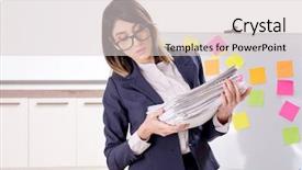  Presentation with employee - Colorful slide set enhanced with long list - young female employee in conflicting backdrop and a light gray colored foreground