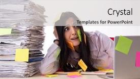  Presentation with employee - Slide set enhanced with long list - young female employee in conflicting background and a  colored foreground