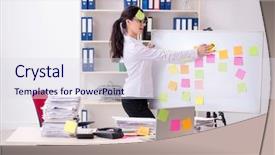  Presentation with employee - Theme having long list - young female employee in conflicting background and a  colored foreground