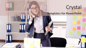  Presentation with employee - Beautiful slide set featuring long list - young female employee in conflicting backdrop and a coral colored foreground