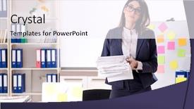  Presentation with employee - Presentation design with long list - young female employee in conflicting background and a sky blue colored foreground