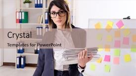  Presentation with employee profile company concept - Presentation design consisting of long list - young female employee in conflicting background and a coral colored foreground