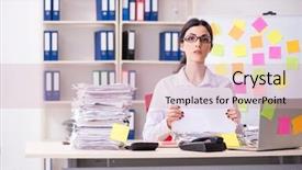  Presentation with employee - Slide set consisting of long list - young female employee in conflicting background and a soft green colored foreground