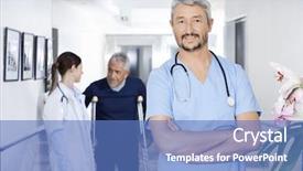  Presentation with confident - Slide deck consisting of long service - confident doctor standing with colleague background and a teal colored foreground