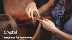  Presentation with hair salon - Slide deck with long service - female getting her hair trimmed background and a tawny brown colored foreground