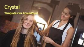  Presentation with hair salon - Audience pleasing slide deck consisting of long service - female hairdresser straightening the hair backdrop and a tawny brown colored foreground