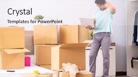  Presentation with apartment - Amazing slides having long service - young man moving to new backdrop and a sky blue colored foreground