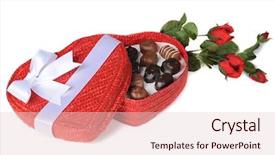  Presentation with stem - Slides featuring long-stem roses by an opened red wicker heart container of fine chocolates isolated on white background and a lemonade colored foreground