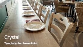  Presentation with banquet - Cool new slide deck with long wooden table decorated with dishware for banquet backdrop and a coral colored foreground