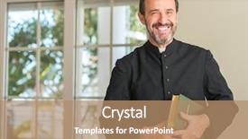  Presentation with happy sad face man - Presentation design featuring look bible - christian priest man background and a coral colored foreground