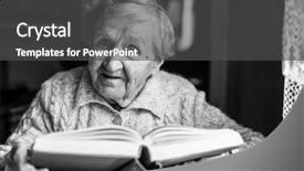  Presentation with reading table - Presentation theme having look bible - elderly lady reading a book background and a dark gray colored foreground