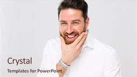  Presentation with man lust - Colorful slide deck enhanced with look good feel good - handsome bearded man smiling touching backdrop and a  colored foreground