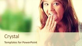  Presentation with woman stuck in ladder - Beautiful PPT theme featuring look good feel good - portrait of suprised young woman backdrop and a  colored foreground