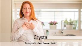  Presentation with woman hands raised to sky - Cool new PPT layouts with look good feel good - redhead woman at kitchen smiling backdrop and a lemonade colored foreground