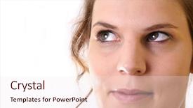  Presentation with bright future - Theme with lookin into a bright future a young woman is looking up into the corner ideal for business and corporate purposes lots of white copyspace and room for text on this isolated area background and a sky blue colored foreground