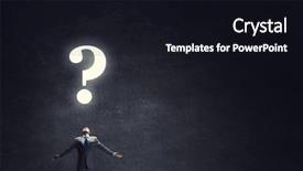  Presentation with spread - Audience pleasing theme consisting of businessman with hands spread apart looking above at big question backdrop and a wine colored foreground