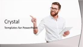  Presentation with vernier caliper bearing isolated - Beautiful slides featuring looking aside using tablet computer backdrop and a white colored foreground