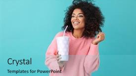  Presentation with afro hair salon - Audience pleasing PPT theme consisting of looking aside while holding soda backdrop and a light blue colored foreground