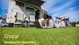  Presentation with caravan - Colorful presentation enhanced with looking at a laptop car backdrop and a tawny brown colored foreground