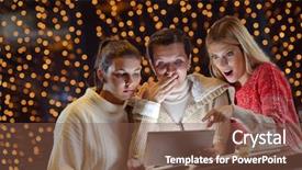  Presentation with group - Cool new slide deck with looking at a pc tablet backdrop and a tawny brown colored foreground