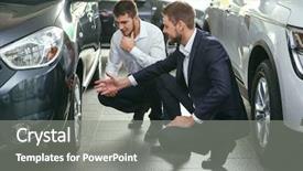  Presentation with dealership - PPT theme with looking at automobile in dealership background and a gray colored foreground