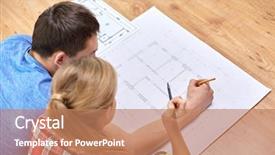  Presentation with home renovation - PPT theme consisting of looking at blueprint at home background and a coral colored foreground