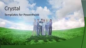  Presentation with blue business - Presentation with looking at camera against green background and a light blue colored foreground