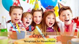  Presentation with birthday kids - Cool new slide deck with looking at camera at birthday backdrop and a yellow colored foreground