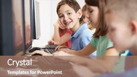  Presentation with smart - PPT theme featuring looking at camera at computer background and a coral colored foreground