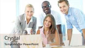  Presentation with friendly - Theme featuring looking at camera at workplace background and a coral colored foreground