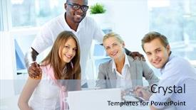  Presentation with partners - Audience pleasing slides consisting of looking at camera at workplace backdrop and a light blue colored foreground