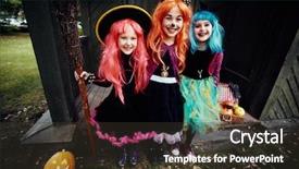  Presentation with witches - Audience pleasing PPT theme consisting of looking at camera by haunted backdrop and a tawny brown colored foreground
