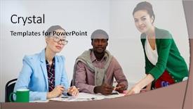  Presentation with managers - Presentation design with looking at camera during work background and a  colored foreground