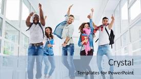  Presentation with coaches and students - Cool new PPT theme with university success - row of joyful students backdrop and a light blue colored foreground