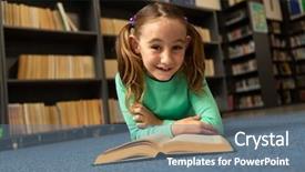  Presentation with school elementary - PPT theme having looking at camera in library background and a  colored foreground