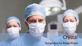  Presentation with camera - Colorful slide set enhanced with medical team looking at camera backdrop and a light blue colored foreground