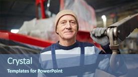  Presentation with inventor - Amazing PPT theme having looking at camera in shipyard backdrop and a ocean colored foreground