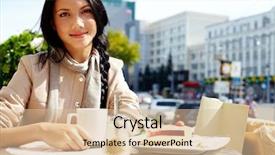  Presentation with grand opening cafe - Audience pleasing PPT theme consisting of looking at camera in urban backdrop and a lemonade colored foreground