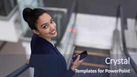  Presentation with race - Amazing slide deck having looking at camera on escalator backdrop and a ocean colored foreground